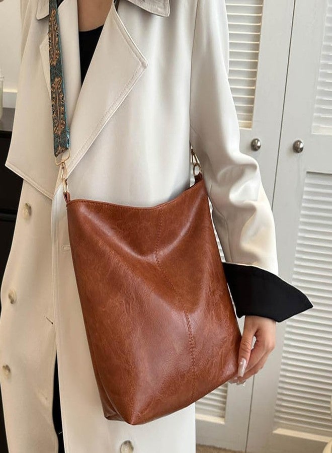 CALFOVERA Hobo Crossbody Bag for Women Vegan PU Leather Shoulder Purses Brown Stylish Wide Guitar Strap Tote Bucket Bag with Zipper for Working, Shopping, Traveling, Daily Use, Gifts - Image 4